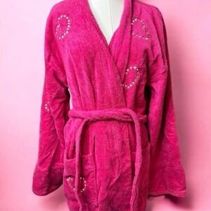 Y2k Victorias‎ Secret 2000 Terry Cloth Hot Pink Robe Embroidered Hearts Large